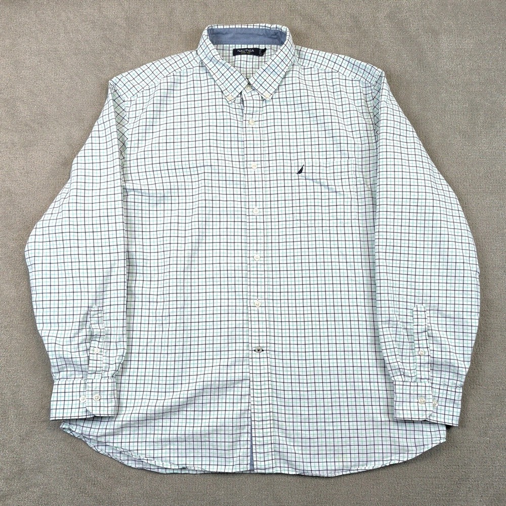 Nautica Button Down Shirt Mens XXL Green Navy Plaid Tattersall Cotton LS